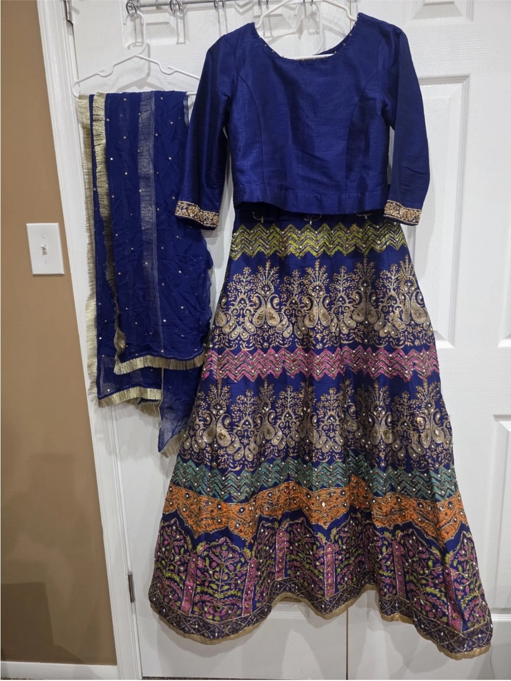 Famous designer Fazia Ahmed Royal Blue Raw Silk 3pc LehngaCholi Set Wedding S